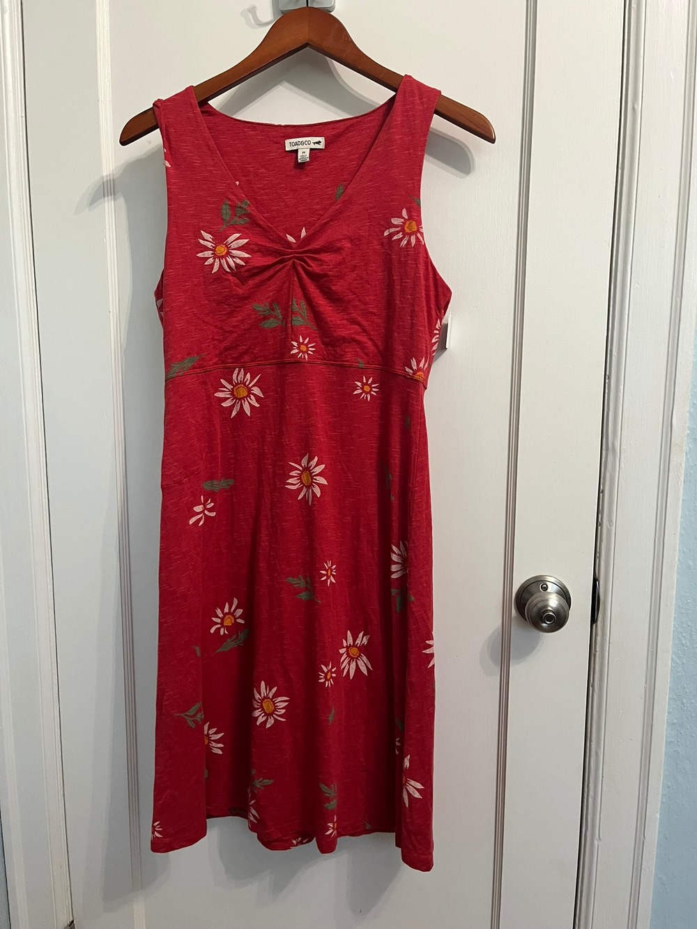 Toad&Co Rosemarie Sleeveless Dress Red Daisy Floral Print Ruched A-Line M